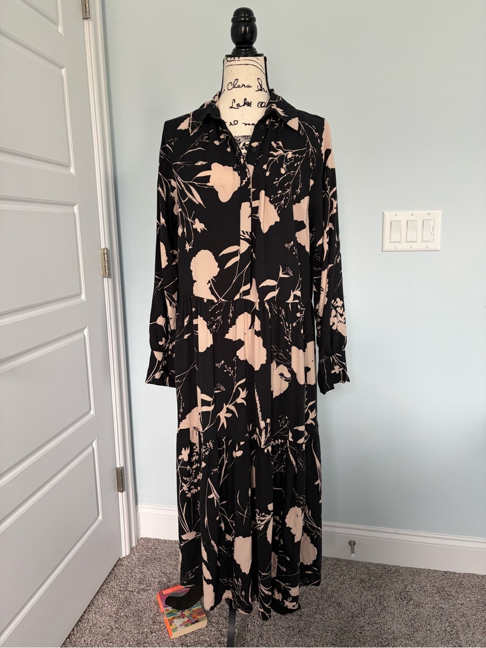 H&M Black and Light Pink Floral Long Sleeve Midi Dress